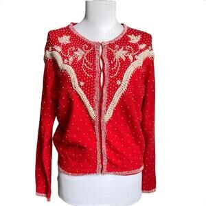 VTG 1950s HK Fashions Angora Rabbit Lambs Wool Pearl Beaded Cardigan Sweater M